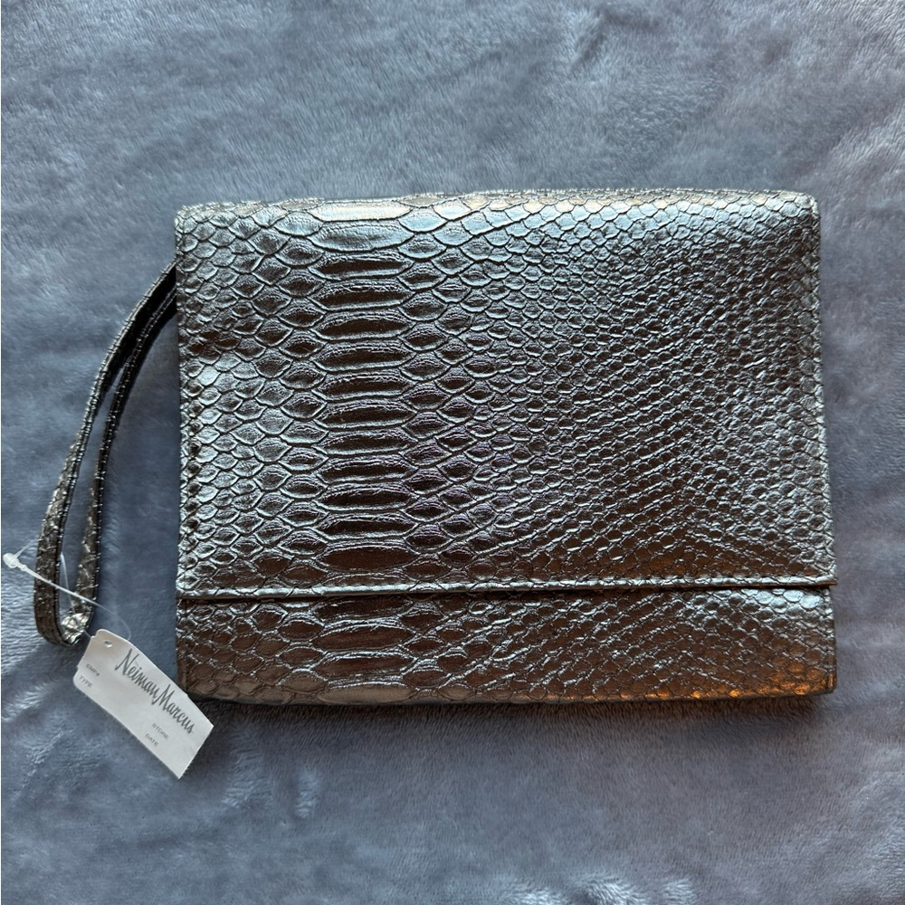 Neiman Marcus Metallic Snake-Embossed Clutch – New With Tag